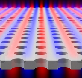 Light is found to be confined within a planar slab with periodic array of holes, although the light is theoretically "allowed" to escape. Blue and red colors indicate surfaces of equal electric field.
Image: Chia Wei Hsu