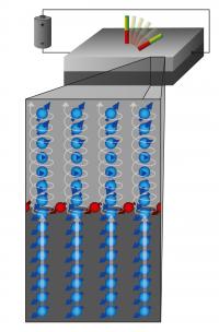 Spin current (blue) and spin accumulation (red) in layer systems composed of platinum (bottom) and cobalt produce a torque that influences the orientation of the magnetic moments in the cobalt layer (illustrated by the red and green bar magnets).

Credit: Forschungszentrum Jlich