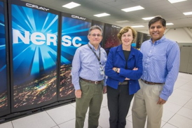 Jeff Broughton, NERSC deputy for operations and leader of the Edison procurement; Kathy Yelick, associate laboratory director for computing sciences at Berkeley Lab; and Sudip Dosanjh, NERSC division director, pose with Edison, NERSCs new flagship supercomputer. Select to enlarge.Photos: Roy Kaltschmidt, LBNL