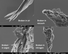 Scanning electron microscope images show typical carbon nanotube fibers created at Rice University and broken into two by high-current-induced Joule heating. Rice researchers broke the fibers in different conditions  air, argon, nitrogen and a vacuum  to see how well they handled high current. The fibers proved overall to be better at carrying electrical current than copper cables of the same mass.Credit: Kono Lab/Rice University