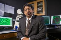 Ravi Bellamkonda, lead investigator for the GBM project and chair of the Wallace H. Coulter Department of Biomedical Engineering at Georgia Tech and Emory University, is shown with equipment used to study the cancer.

Credit: Georgia Tech Photo: Rob Felt