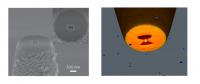 The image on the left is an electron beam microscopy image of the extremity of the plasmon nano-tweezers. The image on the right is a sketch illustrating the trapping of a nanoparticle in the bowtie aperture.

Credit: Institute of Photonic Sciences