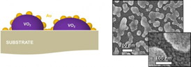 Left: Illustration of terahertz optical switches shows the vanadium dioxide nanoparticles coated with a "nanomesh" of smaller gold particles. Right: Scanning electron microscope image of the switches at two resolutions. Haglund Lab / Vanderbilt