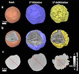 These images show how the surface morphology and internal microstructure of an individual tin particle changes from the fresh state through the initial lithiation and delithiation cycle (charge/discharge). Most notable are the expansion in overall particle volume during lithiation, and reduction in volume and pulverization during delithiation. The cross-sectional images reveal that delithiation is incomplete, with the core of the particle retaining lithium surround by a layer of pure tin.