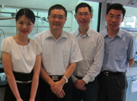 The IBN research team, who invented the new green chemistry method to turn sugar into adipic acid (from left) Dr Ting Lu, Dr Yugen Zhang, Dr Xiukai Li and Dr Guangshun Yi.