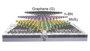 Berkeley Lab researchers fabricated the first fully 2D field-effect transistor from layers of molybdenum disulfide, hexagonal boron nitride and graphene held together by van der Waals bonding.