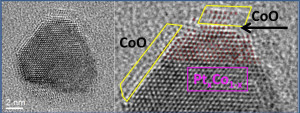TEM image of platinum/cobalt bimetallic nanoparticle catalyst in action shows that during the oxidation reaction, cobalt atoms migrate to the surface of the particle, forming a cobalt oxide epitaxial film, like water on oil.