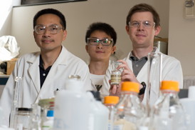 Rice University scientists (from left) Michael Wong, Zhun Zhao and James Clomburg discovered a palladium and gold nanocatalyst that is faster -- about 10 times faster -- at converting glycerol into high-value products than catalysts of either metal alone.  
CREDIT: Jeff Fitlow/Rice University