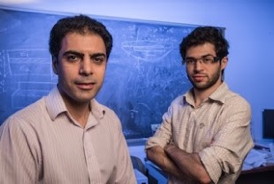 Rouzbeh Shahsavari, left, and Navid Sakhavand used computer simulations to predict the properties of a 3-D nanostructure made with boron nitride.
CREDIT: Jeff Fitlow/Rice University