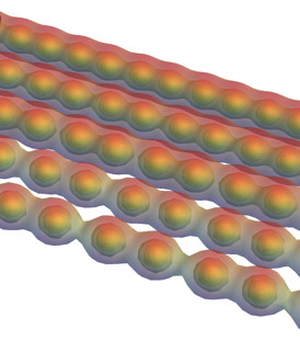 Carbyne turns from a metal to a semiconductor when stretched, according to calculations by Rice University scientists. Pulling on the ends would force the atoms to separate in pairs, opening a band gap. The chain of single carbon atoms would theoretically be the strongest material ever if it could be made reliably. Credit: Vasilii Artyukhov/Rice University