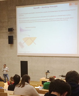  	Francesco Simone Ruggeri presents a summary of his winning poster at the 2014 annual meeting of the Swiss Physics Society held at the University of Fribourg. 