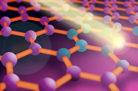 Researchers at MIT have found a way to control how graphene conducts electricity by using extremely short light pulses. In this illustration, a lattice of graphene is shown with its bonds (bars) connecting carbon atoms (balls). When the light pulse hits the atoms, electrons can accumulate or diminish in number. By controlling the concentration of electrons in a graphene sheet, researchers can change the material's electrical conductivity.

Illustration: Jose-Luis Olivares/MIT