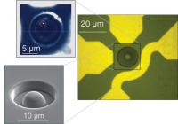 These images show a diamond sample with a hemispherical lens (right and lower left), and the location of a single electron spin/quantum state visible through its light emission (upper left). The scale bar on the image at upper left measures five microns, the approximate diameter of a red blood cell.

Credit: Courtesy of Awschalom Lab/University of Chicago
