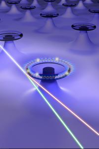 The image shows arrays of self-referenced and self-heterodyned Whispering-Gallery Raman microlasers for single nanoparticle detection. A "pump" laser generates a single Raman lasing mode inside the silica resonators. Upon landing of a nanoparticle on the resonator, Raman laser circulating inside the resonator undergo mode splitting leading to two new lasing modes in different colors. Monitoring the changes in the color difference (frequency difference) enables detecting and measuring of nanoparticles with single particle resolution.

Credit: J. Zhu, B. Peng, S.K. Ozdemir, L. Yang
