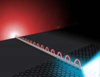 Far-field photons excite silver nanowire plasmons. The wire plasmons propagate to the wire's distal end where they efficiently interact with the two-dimensional material semiconductor molybdenum disulfide (MoS2). The plasmons are absorbed in the MoS2 creating excitons that subsequently decay converting back into propagating photons.

Credit: Illustration by Michael Osadciw, Creative Services, University of Rochester
