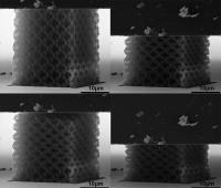 This sequence shows how the Greer Lab's three-dimensional, ceramic nanolattices can recover after being compressed by more than 50 percent. Clockwise, from left to right, an alumina nanolattice before compression, during compression, fully compressed, and recovered following compression.

Credit: Lucas Meza/Caltech