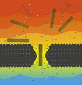 An illustration of a nanocrystal passing through a nanopore.