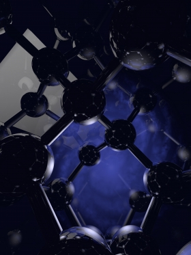 Artist impression of an electron wave function (blue), confined in a crystal of nuclear-spin-free 28-silicon atoms (black), controlled by a nanofabricated metal gate (silver). Credit: Dr Stephanie Simmons, UNSW.