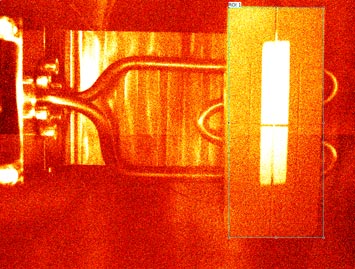 Inside the beamline enclosure, a phosphor detector (the rectangle at right) captured the first x-rays (in white) which hit the mark dead center.