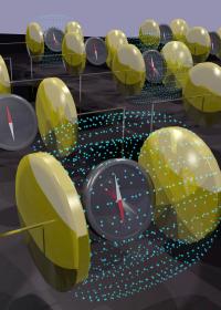 This is a conceptual illustration of how magnetism is reversed (see compass) by the application of an electric field (blue dots) applied across gold capacitors. Blurring of compass needle under electric field represents two-step process.

Credit: (Image courtesy of John Heron, Cornell)