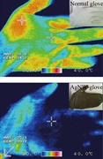 Heat-based images show a conventional cloth glove (top) lets warmth escape while a nanowire glove traps it. 
Credit: American Chemical Society 
