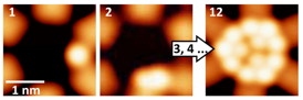 Depicted in scanning tunneling microscopy are three different quantum wells that contain one, two and three xenon atoms.
CREDIT: University of Basel
