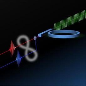 Drawing of the silicon ring resonator with its access waveguide. The green wave at the input represents the laser pump, the red and blue wavepackets at the output represent the generated photon pairs, and the infinity symbol linking the two outputs indicates the entanglement between the pair of photons.
CREDIT: Universit degli Studi di Pavia