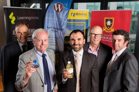 Left to right: Professor Alister Jones, Deputy Vice-Chancellor, University of Waikato; Sir James Wallace, Chairman and Managing Director, Wallace Corporation; Nigel Slaughter, CEO, Ligar; John Birch, Chairman, LearningWorks; and Duncan Mackintosh, CEO, WaikatoLink.