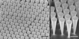 The scanning electron microscopies (SEM) show how regularly the funnels etched in a silicon substrate are arranged (left: the line segment = 5 microns; right: 1 micron). The funnels measure about 800 nanometers in diameter above and run down to about a hundred nanometers at the tip.
CREDIT: S. Schmitt / MPL