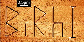 Microscopic image of the topological insulator Bismuth-Rhodium-Iodine (Bi14Rh3I9). The engraved letters BiRhI act as artificially introduced steps at the crystal surface.
CREDIT: M. Morgenstern, RWTH Aachen