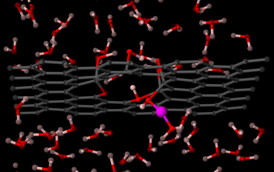 Computer simulations show a single proton (pink) can cross graphene by passing through the world's thinnest proton channel.
CREDIT: Image courtesy of Franz Geiger, Northwestern University