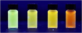 Vials hold solutions with graphene quantum dots that fluoresce in different colors depending on the dots' size. Techniques to produce the dots in specific sizes using coal as a source were developed at Rice University.Credit: Tour Group/Rice University