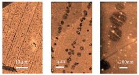 These are images of early-stage growth of graphene on copper. The lines of hexagons are graphene nuclei, with increasing magnification from left to right, where the scale bars from left to right correspond to 10 μm, 1 μm, and 200 nm, respectively. The hexagons grow together into a seamless sheet of graphene.
CREDIT: Courtesy of D. Boyd and N. Yeh labs/Caltech