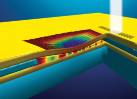The plasmonic phase modulator is an inverted, nanoscale speed bump. Gold strands are stretched side by side across a gap just 270 nanometers above the gold surface below them. Incoming plasmons travel though this air gap between the bridges and the bottom gold layer. 
CREDIT: Dennis/Rutgers and Dill/NIST
