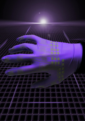 This artistic rendering depicts electronic devices created using a new inkjet-printing technology to produce circuits made of liquid-metal alloys for "soft robots" and flexible electronics. Elastic technologies could make possible a new class of pliable robots and stretchable garments that people might wear to interact with computers or for therapeutic purposes. 
CREDIT: Alex Bottiglio/Purdue University