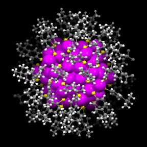 The x-ray crystallographic structure of the gold nanoparticle is shown. Gold atoms = magenta; sulfur atoms = yellow; carbon atoms = gray; hydrogen atoms = white.
CREDIT: Carnegie Mellon