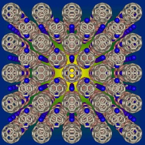 The fullerene molecules consist of 60 carbon atoms arranged in a truncated icosahedral shape (a soccer ball) and pack in a regular cubic-close-packed array in three dimensions. Alkali metal ions (blue spheres) occupy vacant interstitial holes of octahedral and tetrahedral symmetry.
CREDIT: Prassides Kosmas