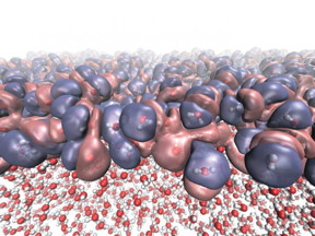 This shows the heterogeneous electronic density created by the diverse molecular orientations at the liquid-vapor interface of water.
CREDIT: NPL/University of Edinburgh