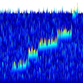 A three-dimensional interpretation of "event zero." The frequency increases slowly as the electron loses energy, ending in the first of six or possibly seven visible frequency jumps before the electron is ejected from the trap.

Courtesy of the researchers