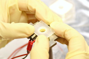 The researchers use a special sample holder to investigate the ionic liquids under the microscope.
Photo/Copyright: Denis Schimmelpfennig