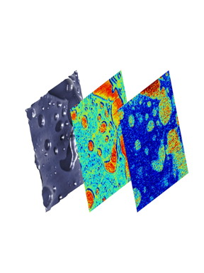 For a 500-nanometer-deep polymeric thin film made of polystyrene (lighter) and poly-2-vinylpyridine (darker), one multimodal instrument imaged, from left, surface topography, elasticity of the bulk material and buried chemical behavior.
CREDIT: Oak Ridge National Laboratory, US Dept. of Energy