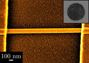 Palladium nanoparticles were deposited on the entire wafer in an evenly distributed fashion, as seen in the background. They also attached on the surface of the copper oxide wire in the same evenly distributed manner, as seen in the foreground. On the upper right is a top view of a single palladium nanoparticle photographed with a transmission electron microscope(TEM) which can only produce black and white images. The nanoparticle is made up of columns consisting of palladium atoms stacked on top of each other. (This image has been modified from the original to provide a better visualization.)
CREDIT: OIST