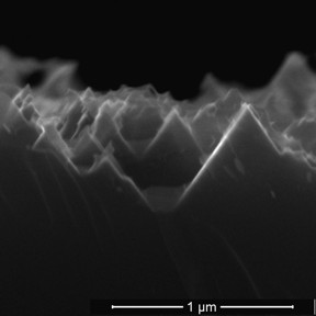 An electron microscope image from earlier research shows the nanoscale spikes that make up the surface of black silicon used in solar cells.>BR>
CREDIT: Barron Group/Rice University