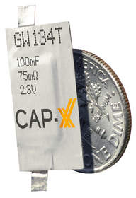 A CAP-XX GW134T Thinline supercapacitor pictured with a US dime. Thinline supercapacitors are available in packages from just 0.6mm thick, fitting easily into space-constrained IoT devices.