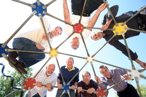 This playground structure represents a larger-than-life nanoporous metal-organic framework to this Sandia National Laboratories research team of (clockwise from upper left) Michael Foster, Vitalie Stavila, Catalin Spataru, Franois Lonard, Mark Allendorf, Alec Talin and Reese Jones. The team made the first measurements of thermoelectric behavior in a MOF.
CREDIT: Dino Vournas, Sandia National Laboratories