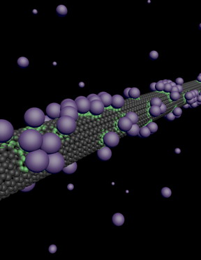 This is an illustration of atoms sticking to a carbon nanotube, affecting the electrons in its surface.
CREDIT: David Cobden and students at the University of Washington