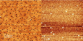 Atomic force microscopy (AFM) images show pinholes in the spiro-OMeTAD layer prepared by spin-coating (left) versus no pinholes when prepared by vacuum evaporation (right).
CREDIT: OIST