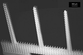 A scanning electron micrograph of the new microfiber emitters, showing the arrays of rectangular columns etched into their sides.

Courtesy of the researchers