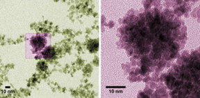 Colorized micrographs of platinum nanoparticles made at NIST. The raspberry color suggests the particles' corrugated shape, which offers high surface area for catalyzing reactions in fuel cells. Individual particles are 3 to 4 nanometers (nm) in diameter but can clump into bunches of 100 nm or more under specific conditions discovered in a NIST study.
CREDIT: Courtesy of Curtin/NIST