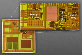 The MIT researchers' prototype for a chip measuring 3 millimeters by 3 millimeters. The magnified detail shows the chip's main control circuitry, including the startup electronics; the controller that determines whether to charge the battery, power a device, or both; and the array of switches that control current flow to an external inductor coil. This active area measures just 2.2 millimeters by 1.1 millimeters.

Courtesy of the researchers